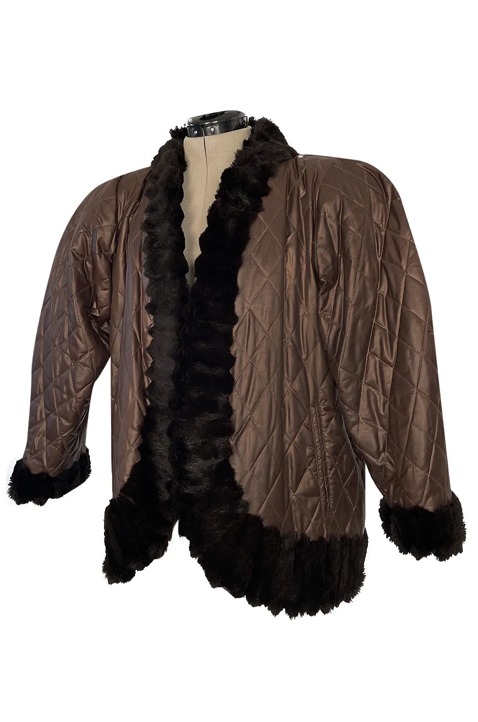 Fabulous 1980s Yves Saint Laurent Oversized Metallic Bronze Quilted & Fur Trimmed Jacket