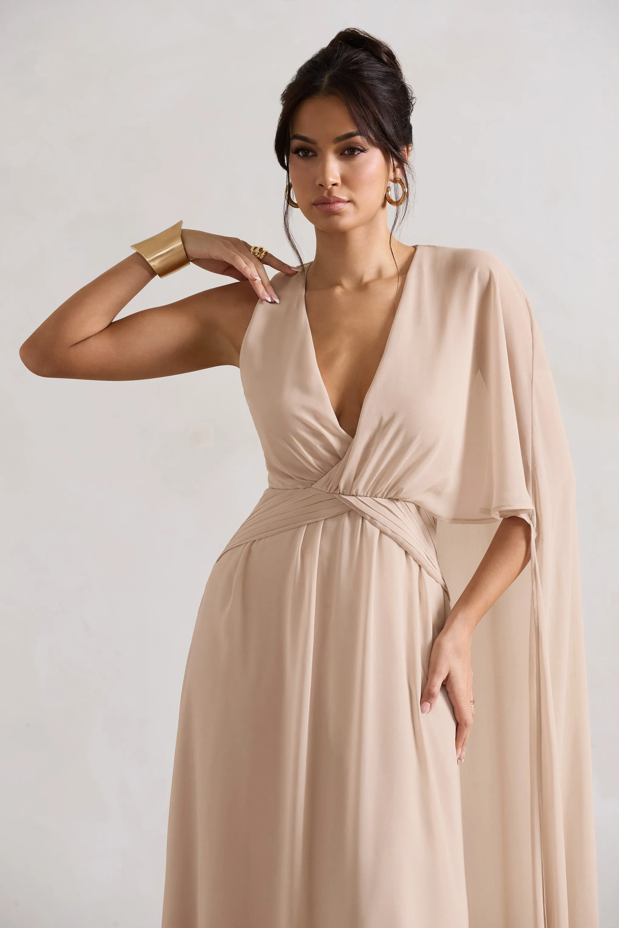 Fairytale | Champagne Plunge-Neck Chiffon Maxi Dress With Cape Sleeve