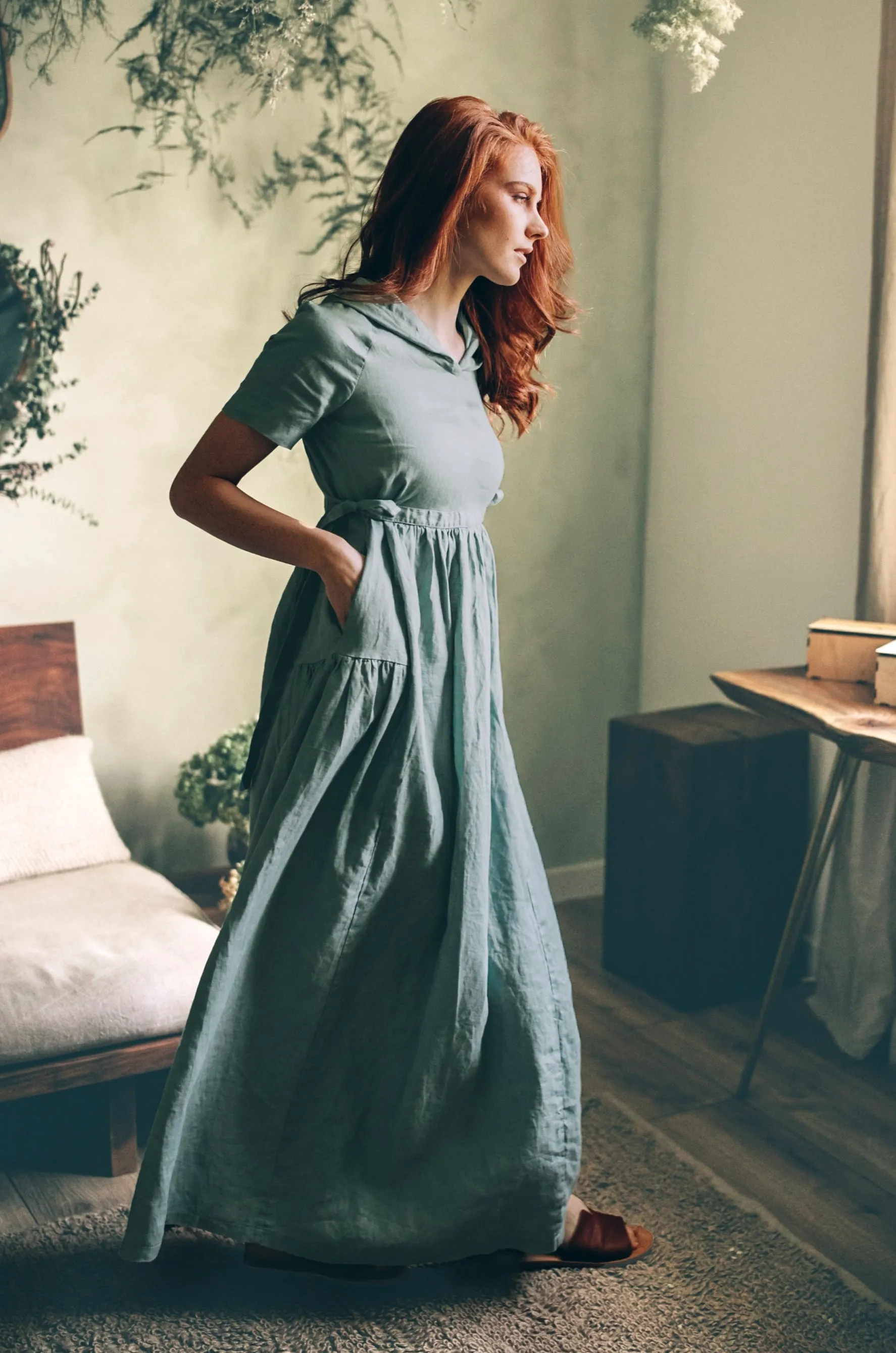 Feminine Hooded Linen Dress