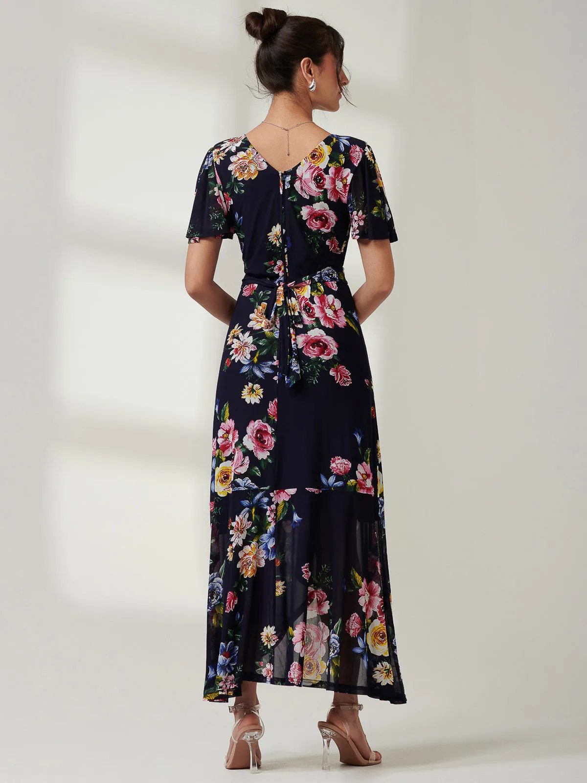 Frill Dip Hem Mesh Maxi Dress, Navy Floral