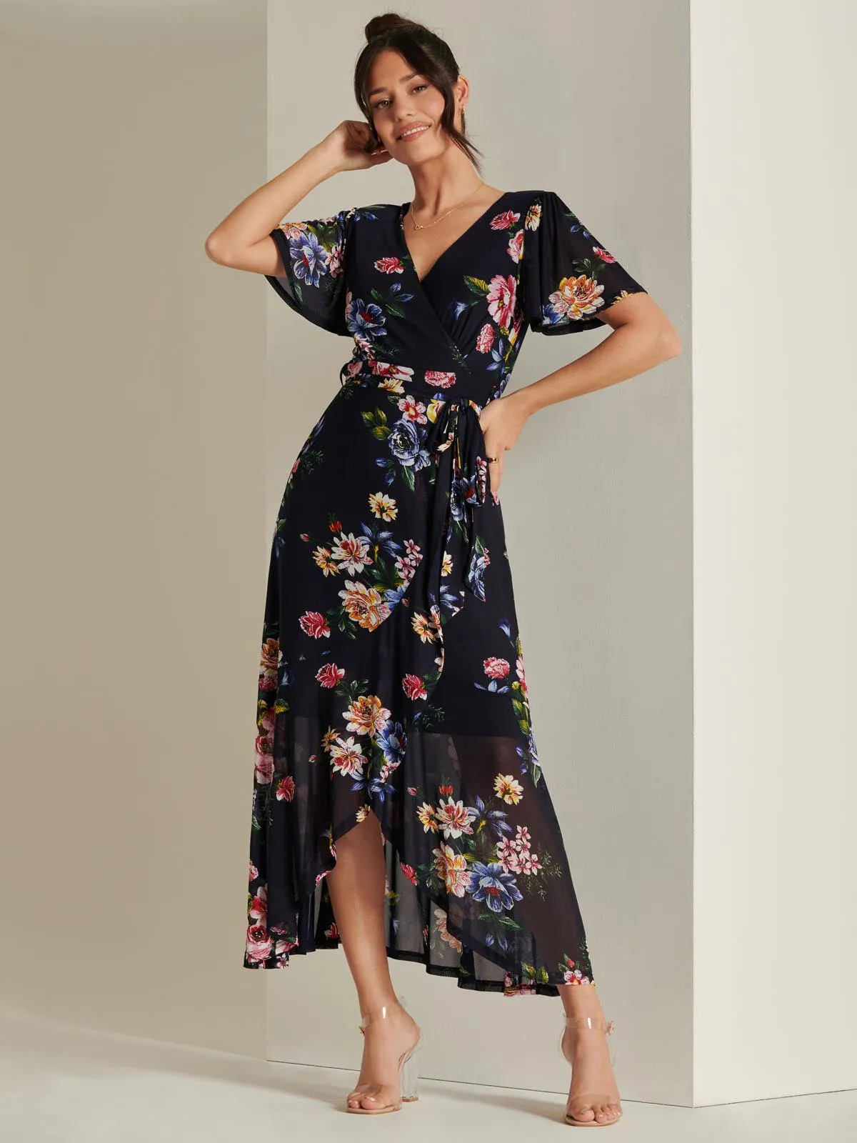 Frill Dip Hem Mesh Maxi Dress, Navy Floral