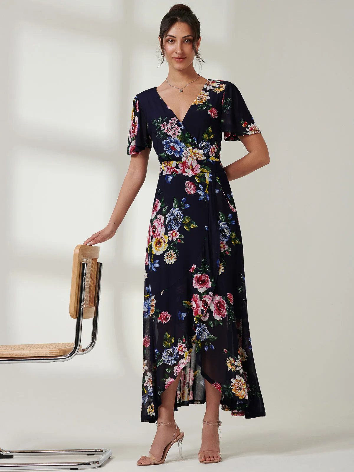 Frill Dip Hem Mesh Maxi Dress, Navy Floral