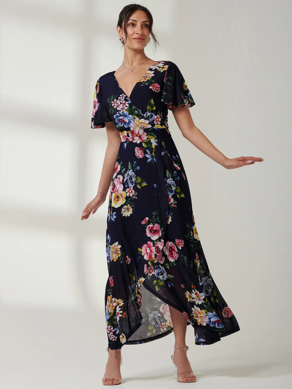 Frill Dip Hem Mesh Maxi Dress, Navy Floral