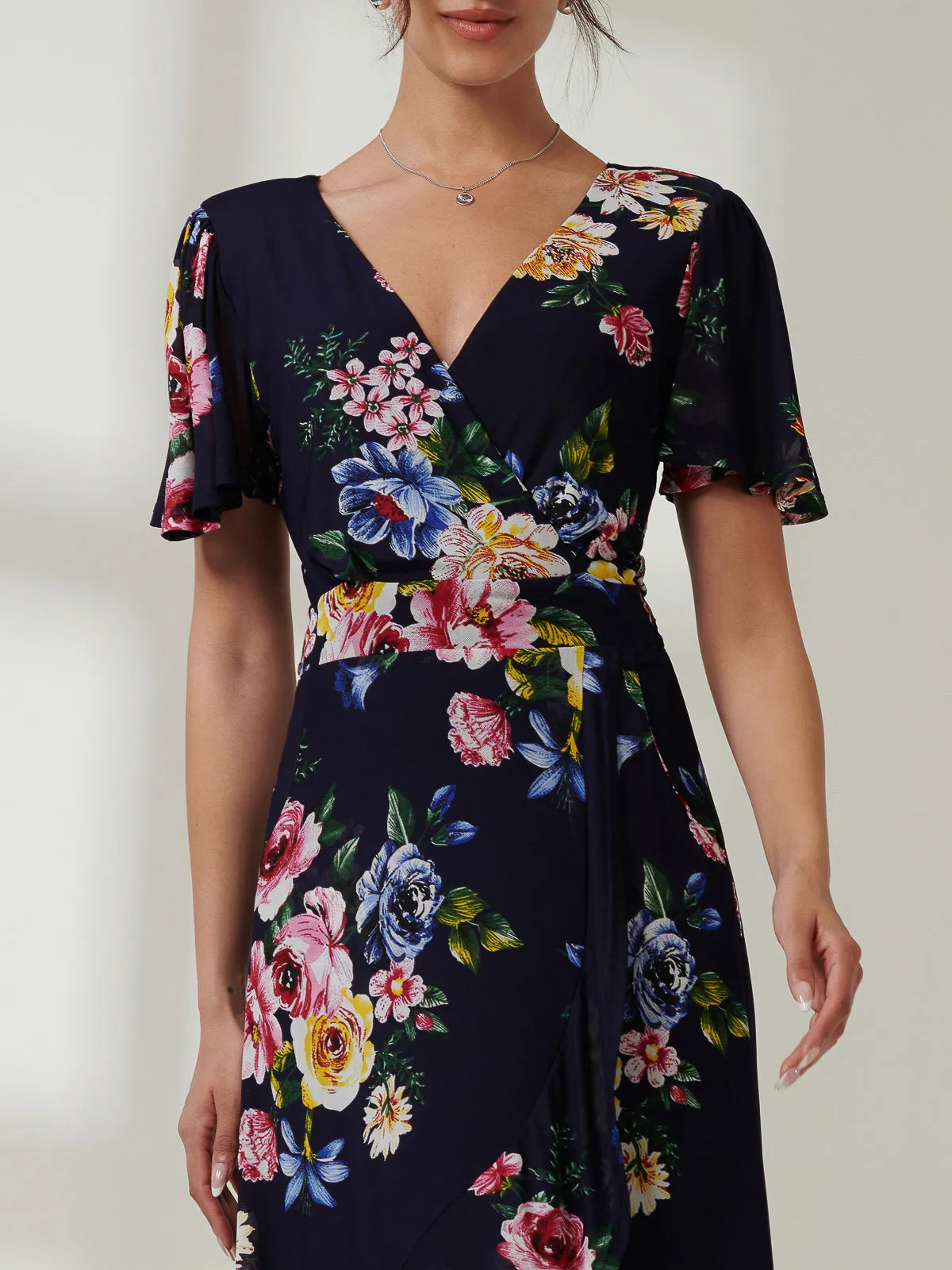 Frill Dip Hem Mesh Maxi Dress, Navy Floral