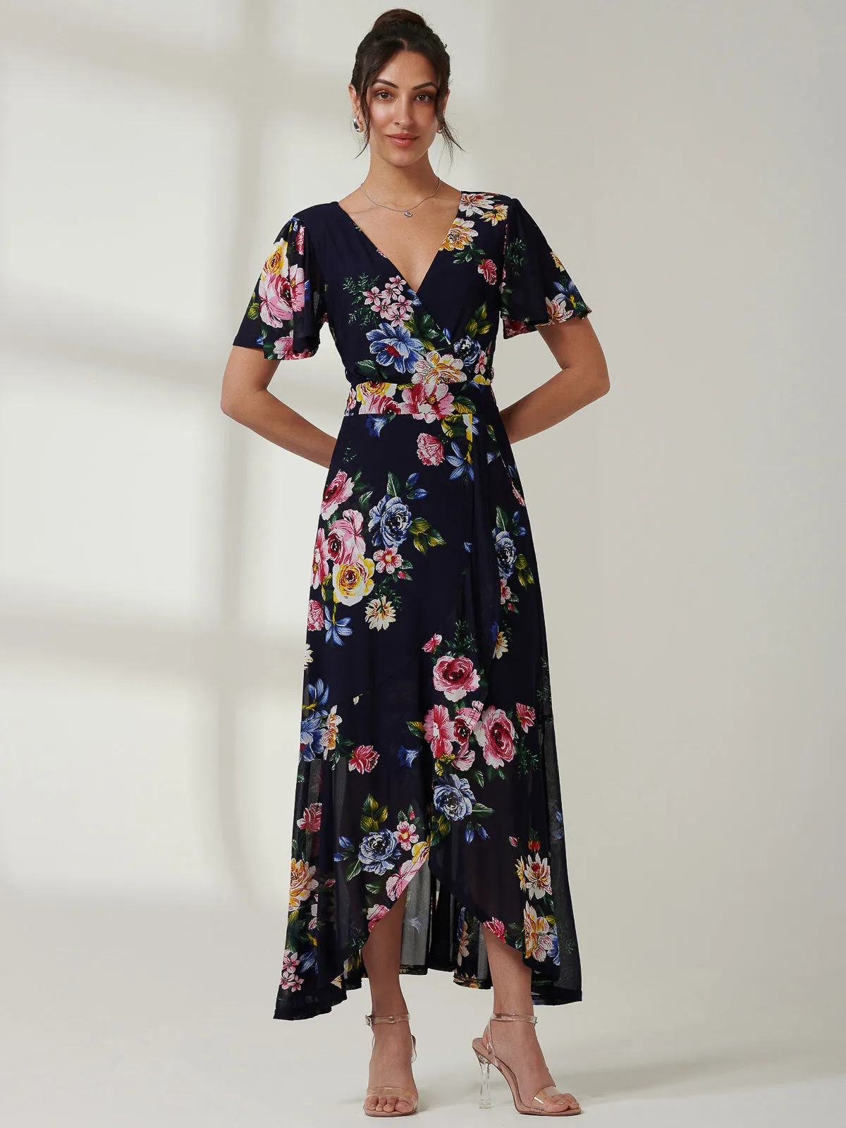 Frill Dip Hem Mesh Maxi Dress, Navy Floral