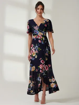 Frill Dip Hem Mesh Maxi Dress, Navy Floral