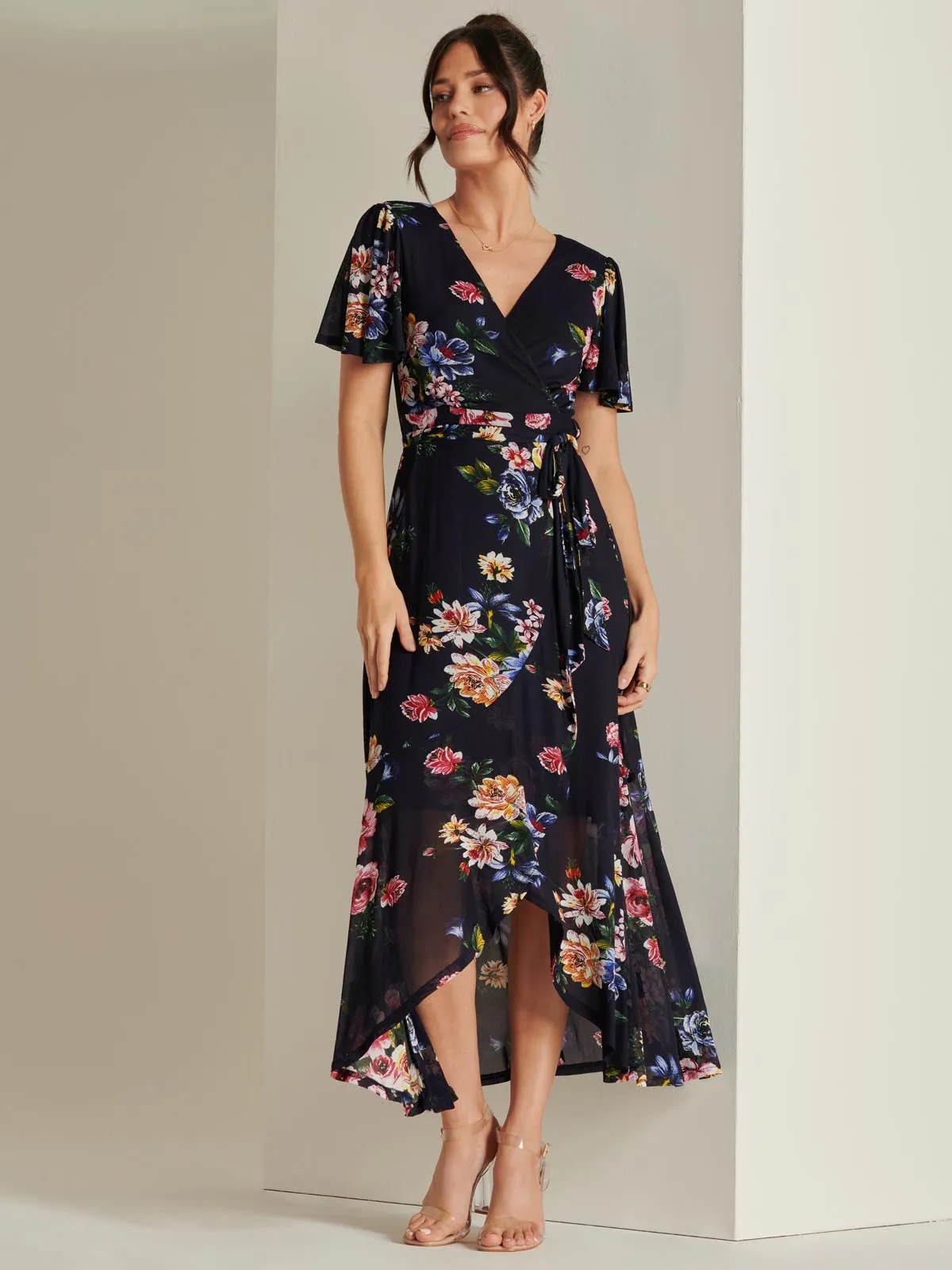 Frill Dip Hem Mesh Maxi Dress, Navy Floral