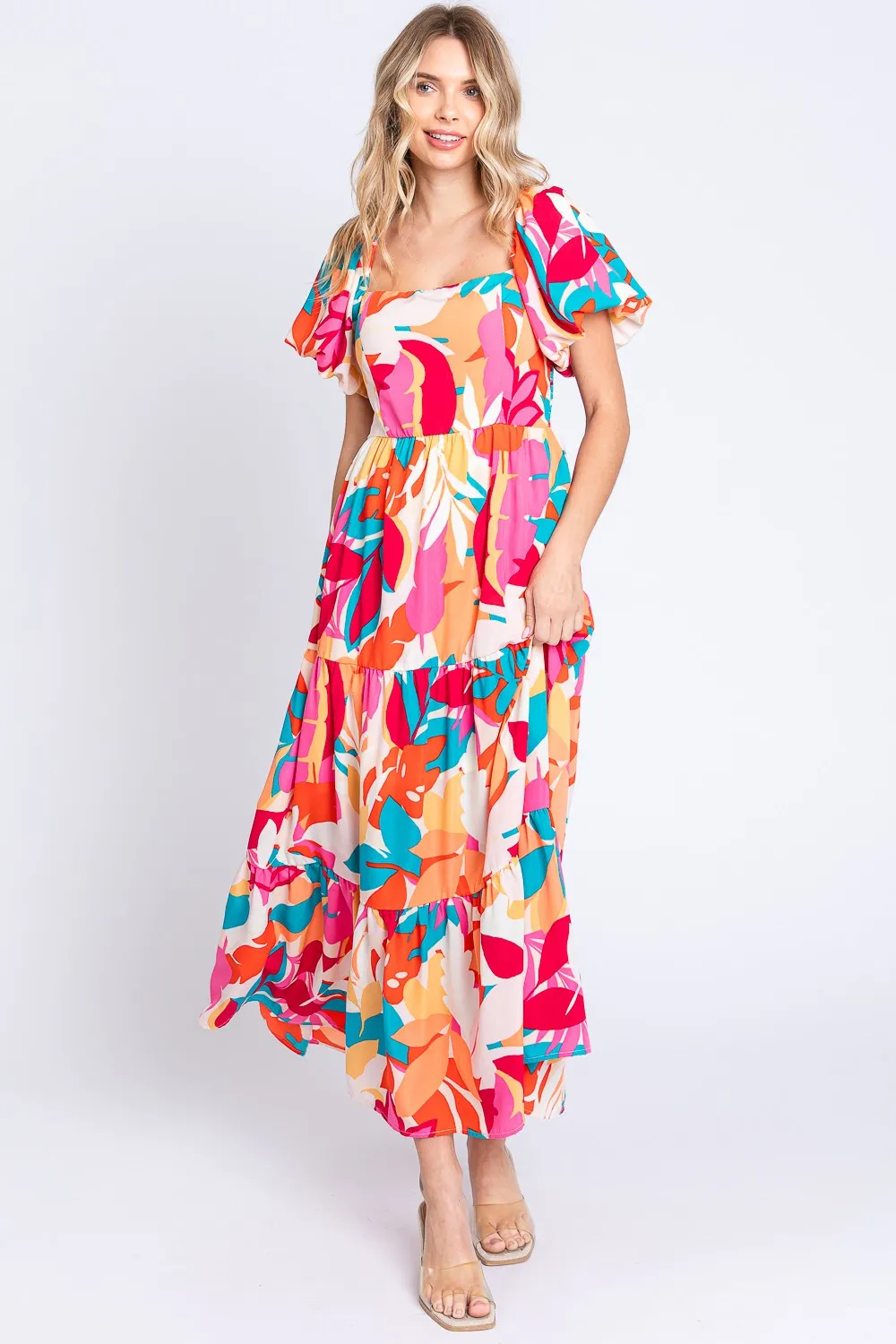 Full Size Printed Smocked Back Tiered Maxi Dress