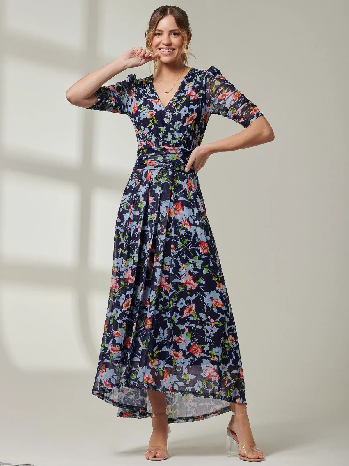 Gavina Ruched Sleeve Mesh Maxi Dress, Navy Floral