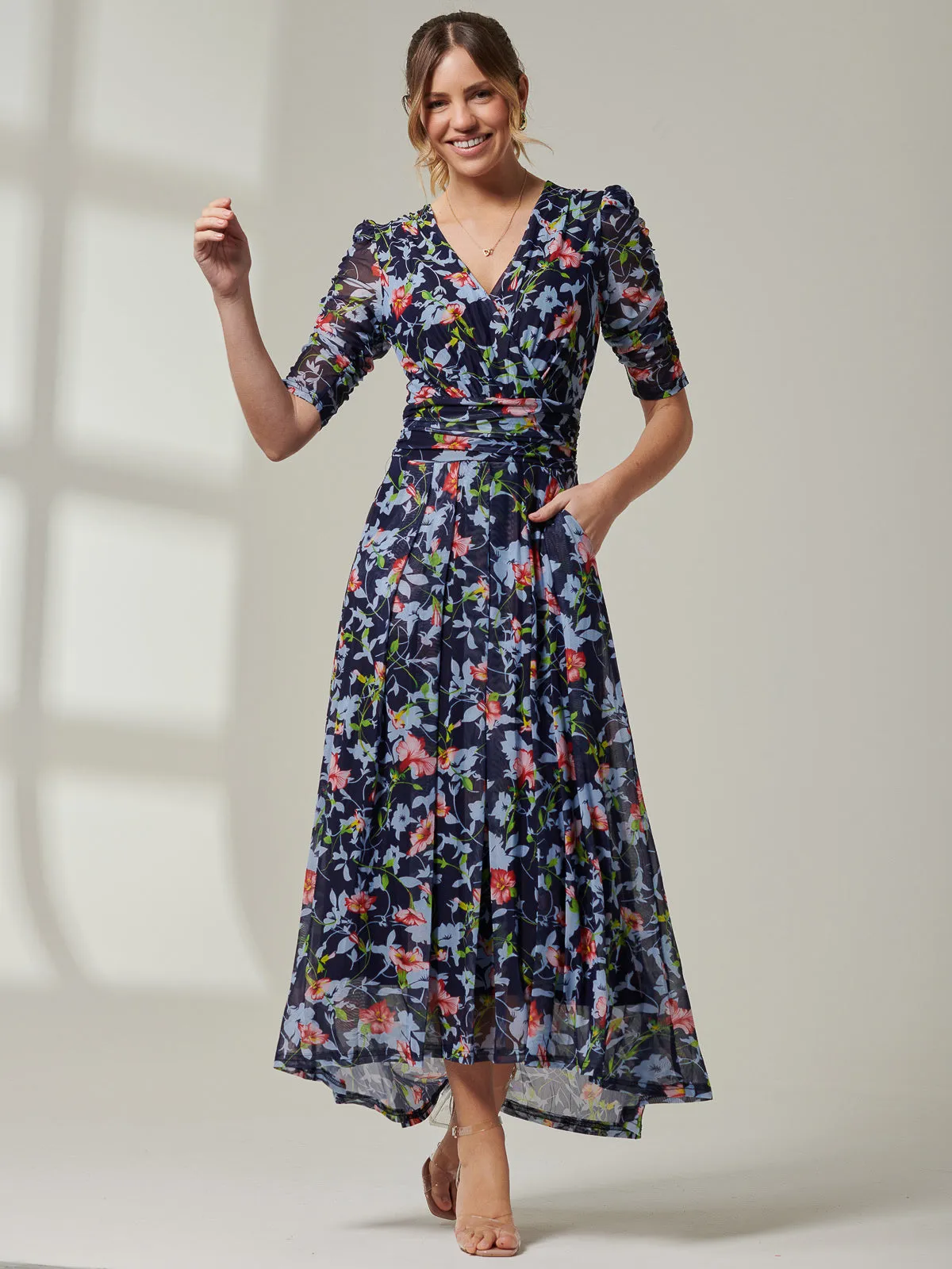 Gavina Ruched Sleeve Mesh Maxi Dress, Navy Floral