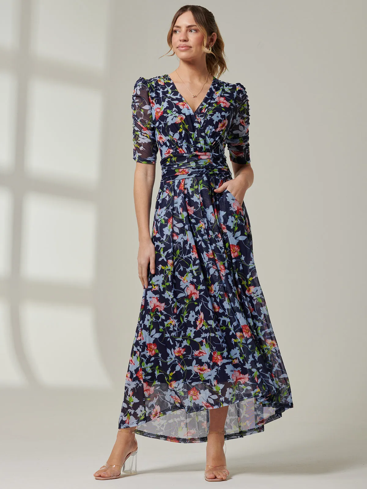 Gavina Ruched Sleeve Mesh Maxi Dress, Navy Floral