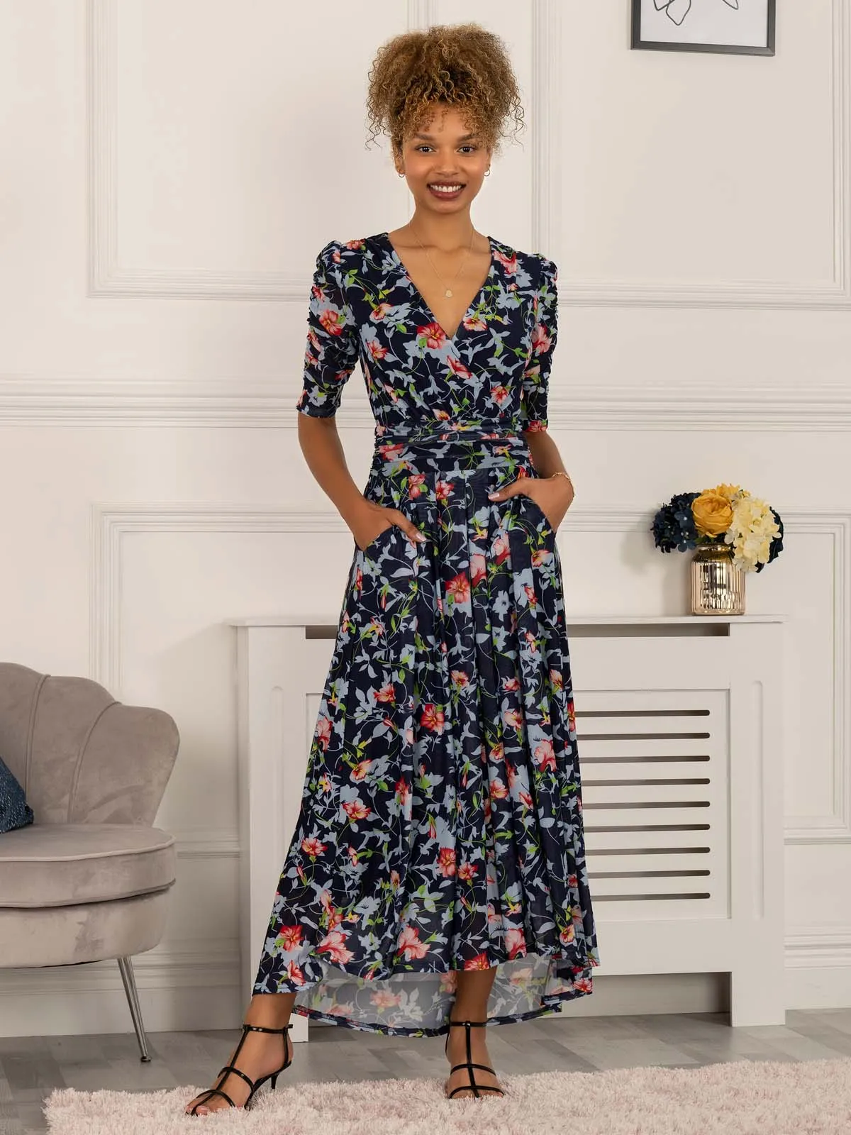 Gavina Ruched Sleeve Mesh Maxi Dress, Navy Floral