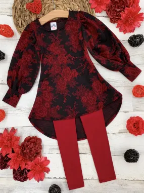 Girls Floral Chic Hi-Lo Tunic with Puff Sleeves with Legging Set