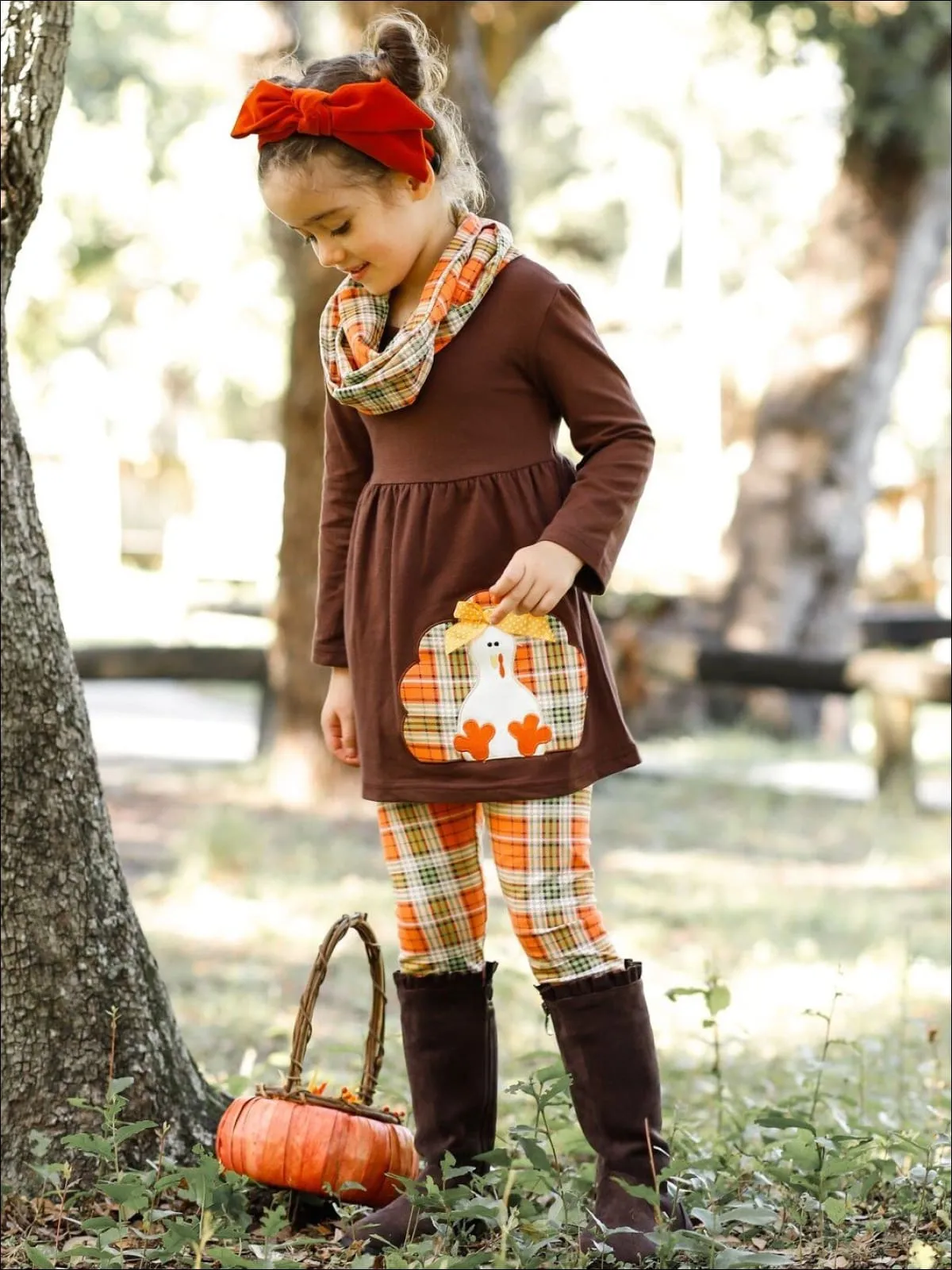 Girls Thanksgiving Themed Long Sleeve Turkey Applique Tunic, Leggings And Scarf Set