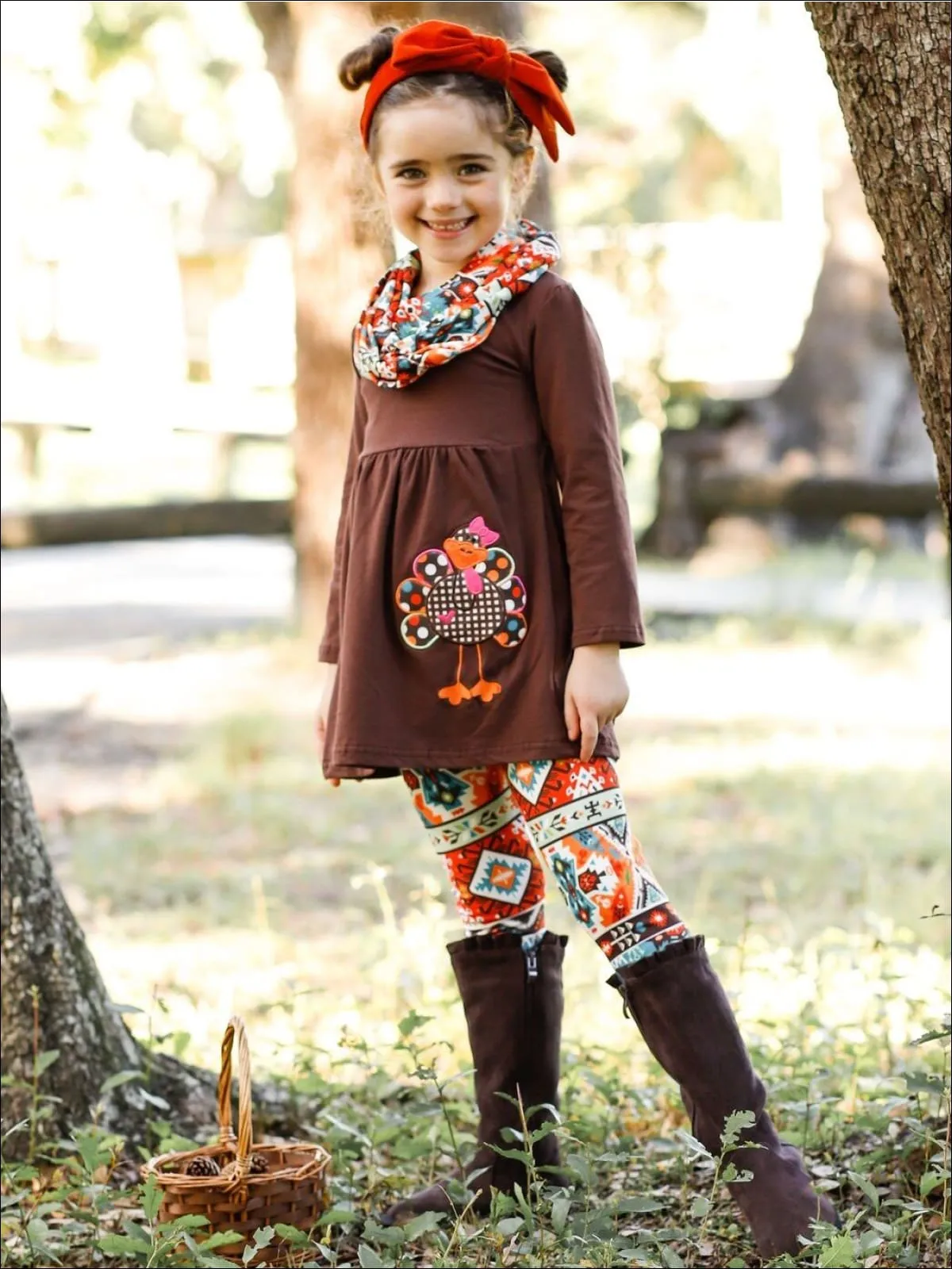 Girls Thanksgiving Themed Long Sleeve Turkey Applique Tunic, Leggings And Scarf Set