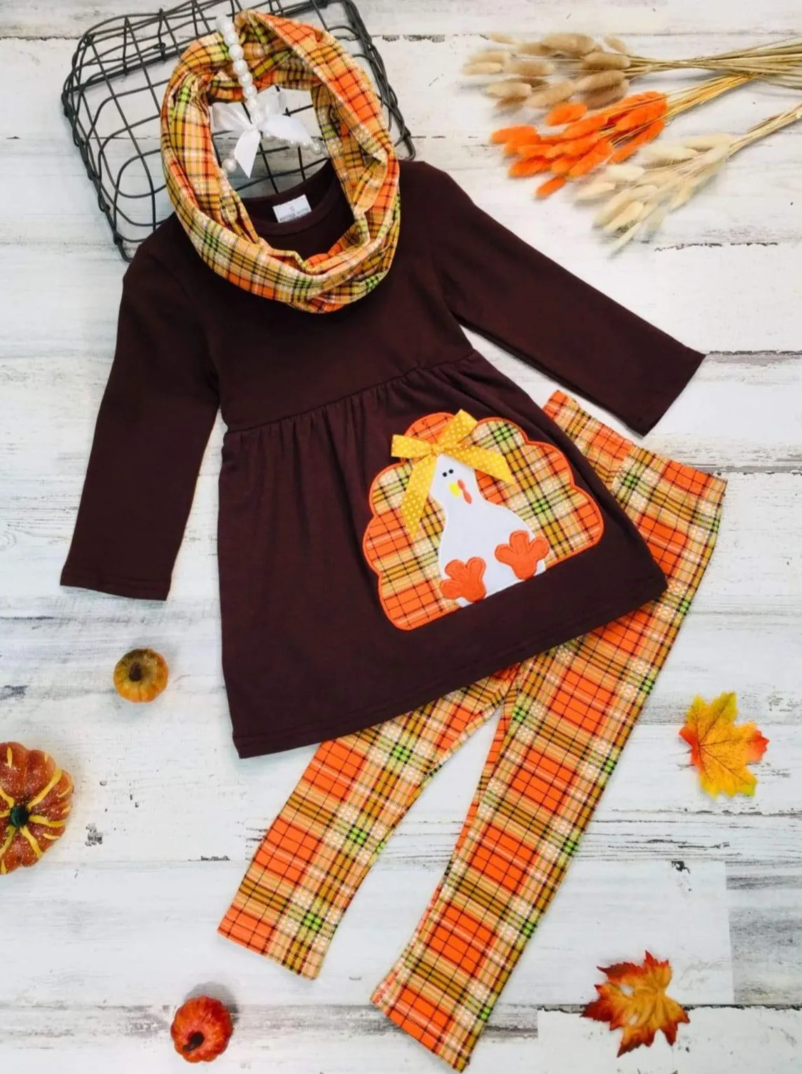 Girls Thanksgiving Themed Long Sleeve Turkey Applique Tunic, Leggings And Scarf Set