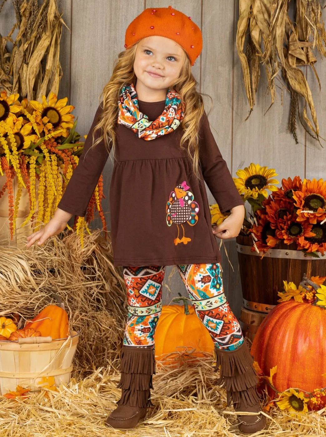 Girls Thanksgiving Themed Long Sleeve Turkey Applique Tunic, Leggings And Scarf Set