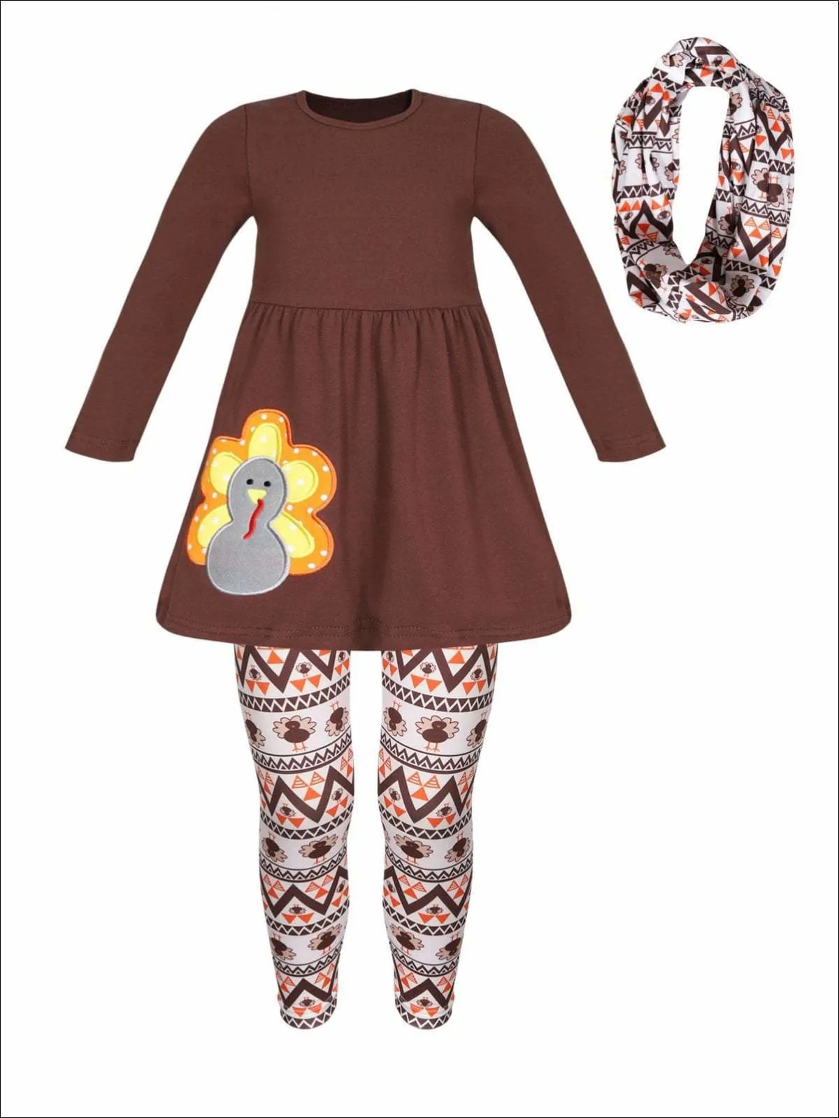 Girls Thanksgiving Themed Long Sleeve Turkey Applique Tunic, Leggings And Scarf Set