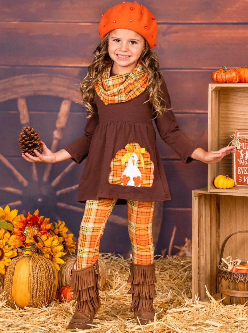 Girls Thanksgiving Themed Long Sleeve Turkey Applique Tunic, Leggings And Scarf Set