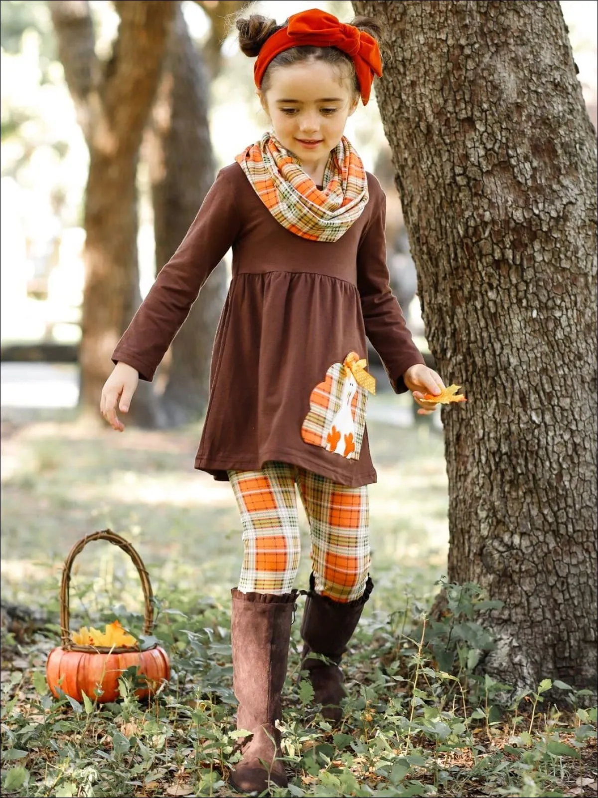 Girls Thanksgiving Themed Long Sleeve Turkey Applique Tunic, Leggings And Scarf Set