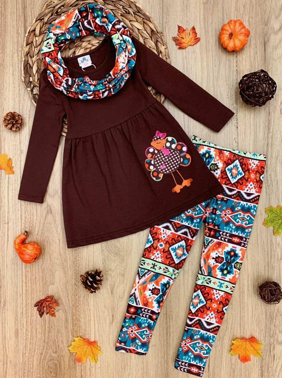 Girls Thanksgiving Themed Long Sleeve Turkey Applique Tunic, Leggings And Scarf Set