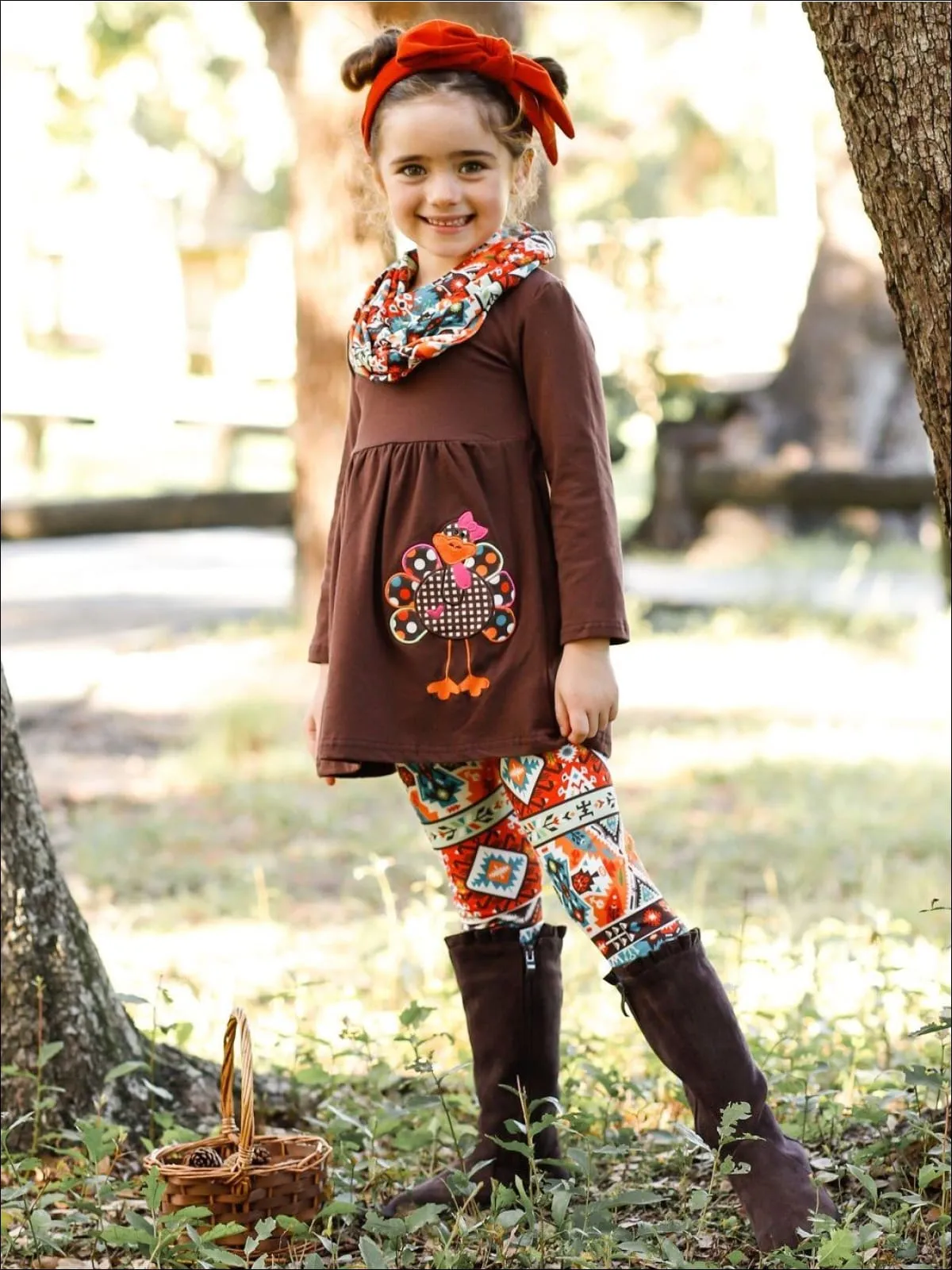 Girls Thanksgiving Themed Long Sleeve Turkey Applique Tunic, Leggings And Scarf Set