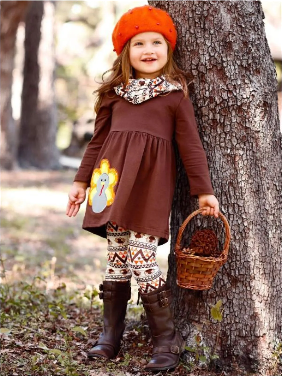 Girls Thanksgiving Themed Long Sleeve Turkey Applique Tunic, Leggings And Scarf Set