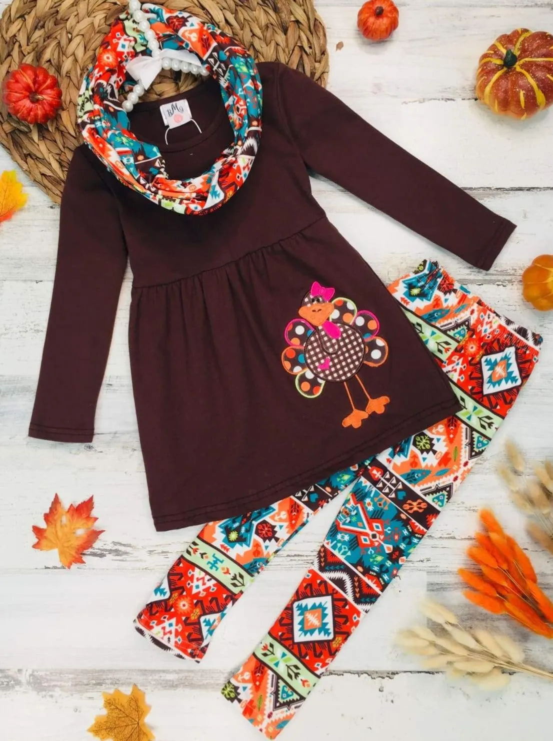 Girls Thanksgiving Themed Long Sleeve Turkey Applique Tunic, Leggings And Scarf Set