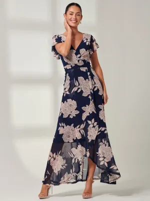 Gisselle Ruffle Hem Mesh Maxi Dress, Navy Floral