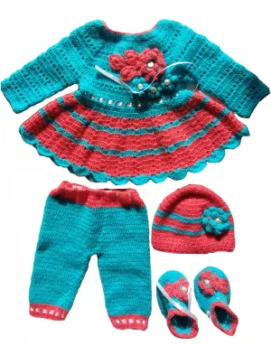 Graceful Handmade Design Round Neck Full Sleeve Frock Set With Pant, Booties & Cap For Baby- Cyan & Violet Red