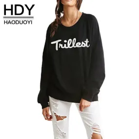 HDY Haoduoyi 2016 New Fashion Autumn Women Letter Print Casual Loose Hoodies Pullover Long Sleeve Crew Neck Sweatshirt