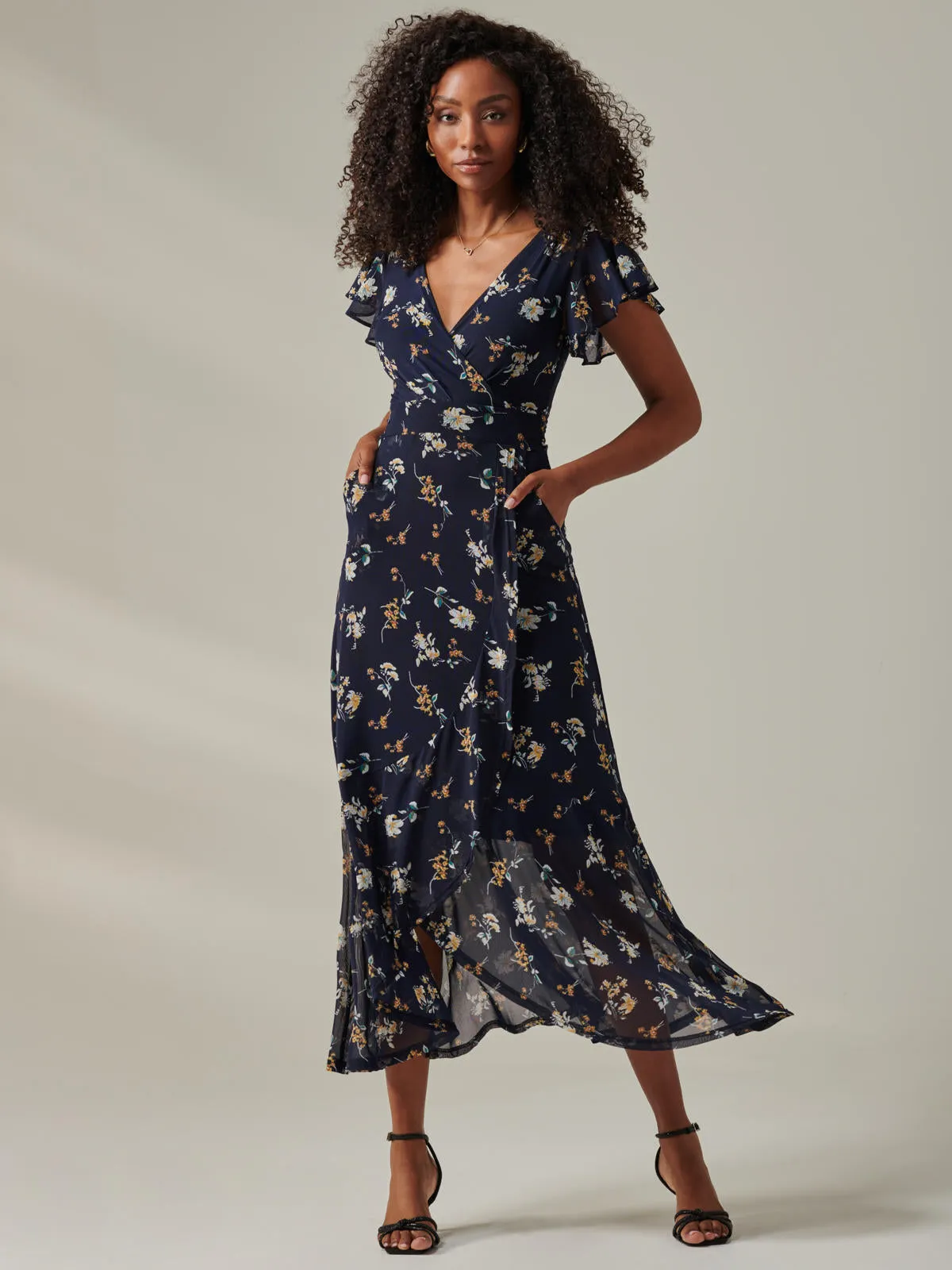 Heleyna Ruffle Hem Mesh Maxi Dress, Navy Floral