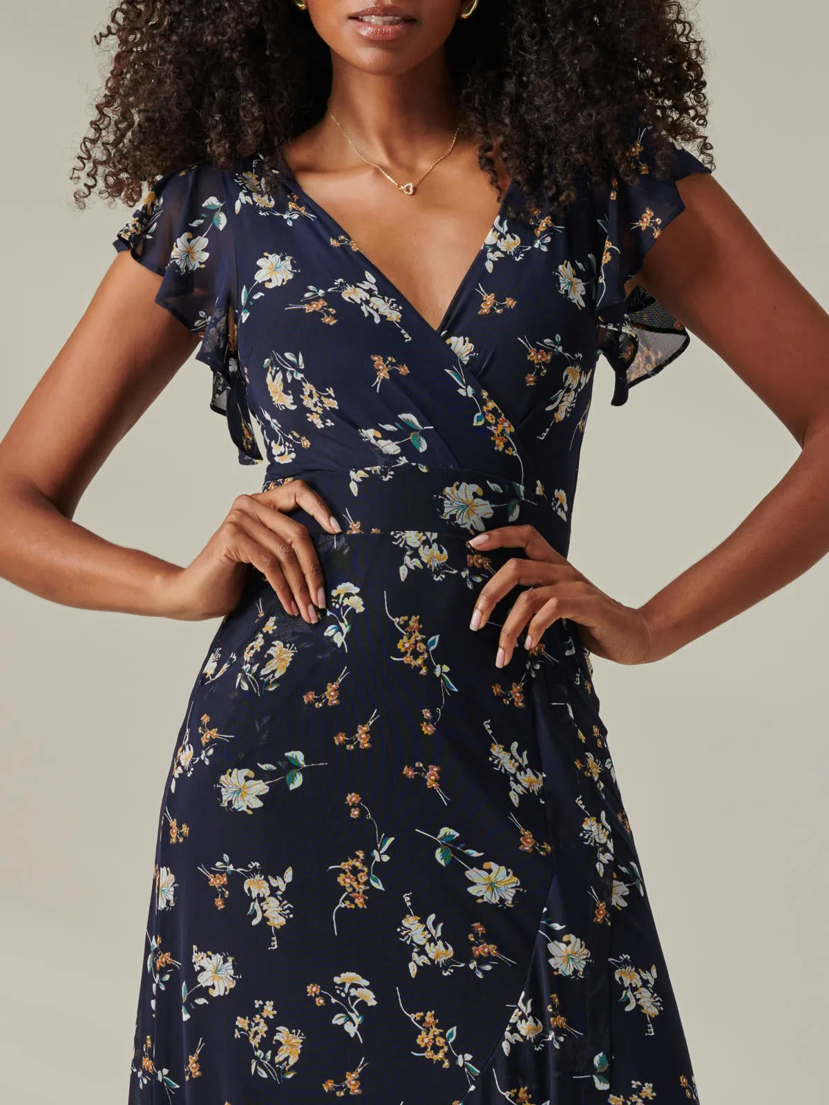 Heleyna Ruffle Hem Mesh Maxi Dress, Navy Floral