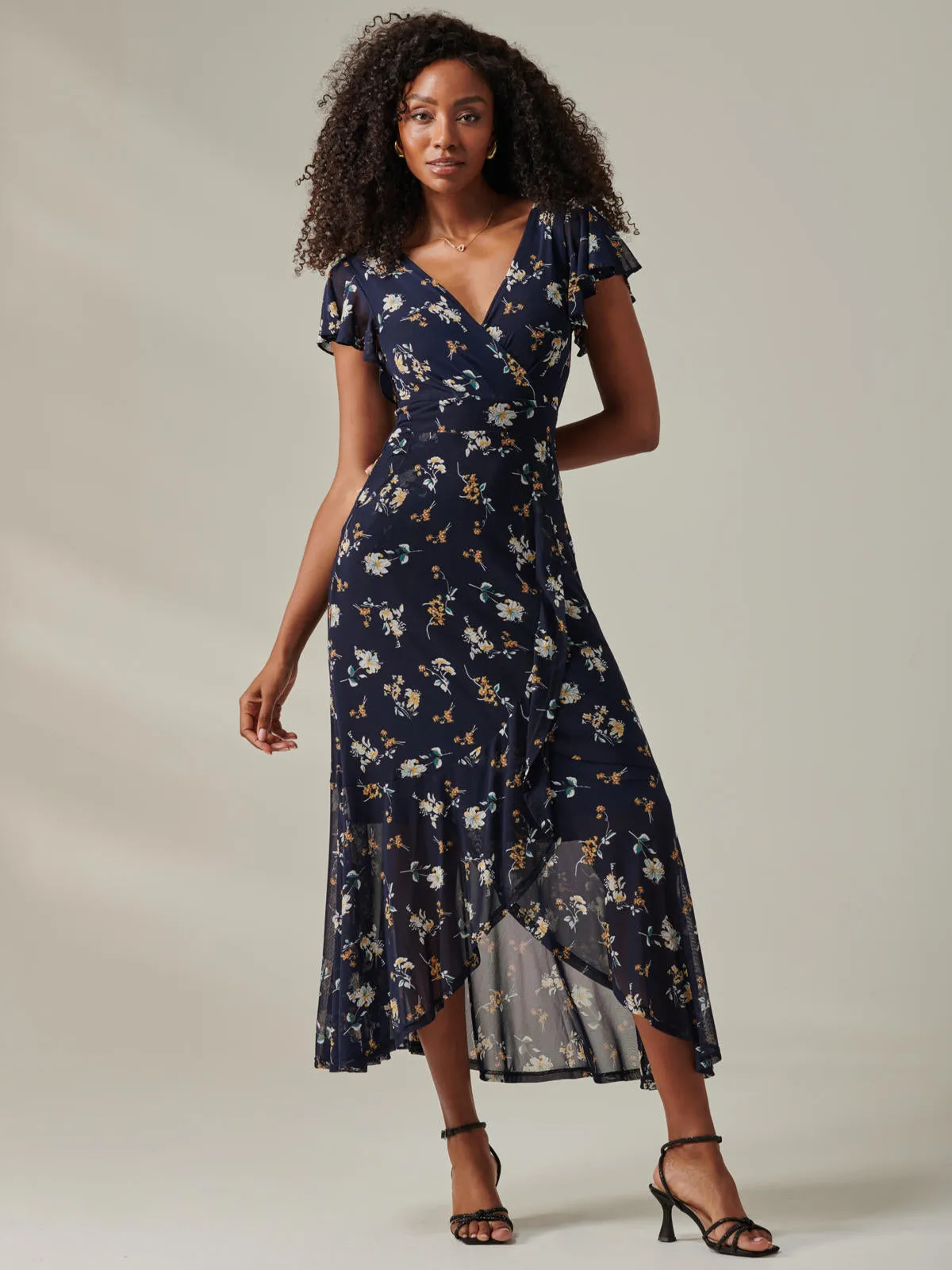 Heleyna Ruffle Hem Mesh Maxi Dress, Navy Floral