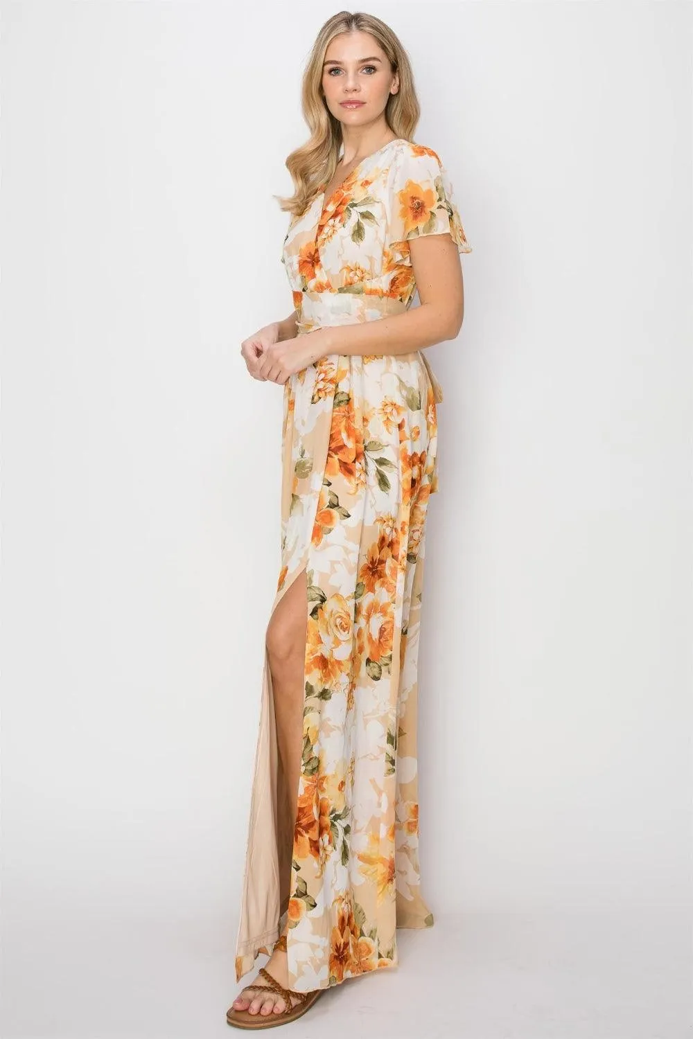 HYFVE Floral Tie Back Short Sleeve Slit Maxi Dress