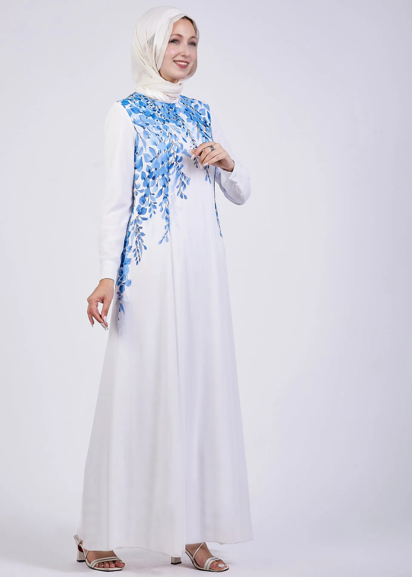 Inas Cascading Blue Blossom Chiffon Maxi Dress with Lining