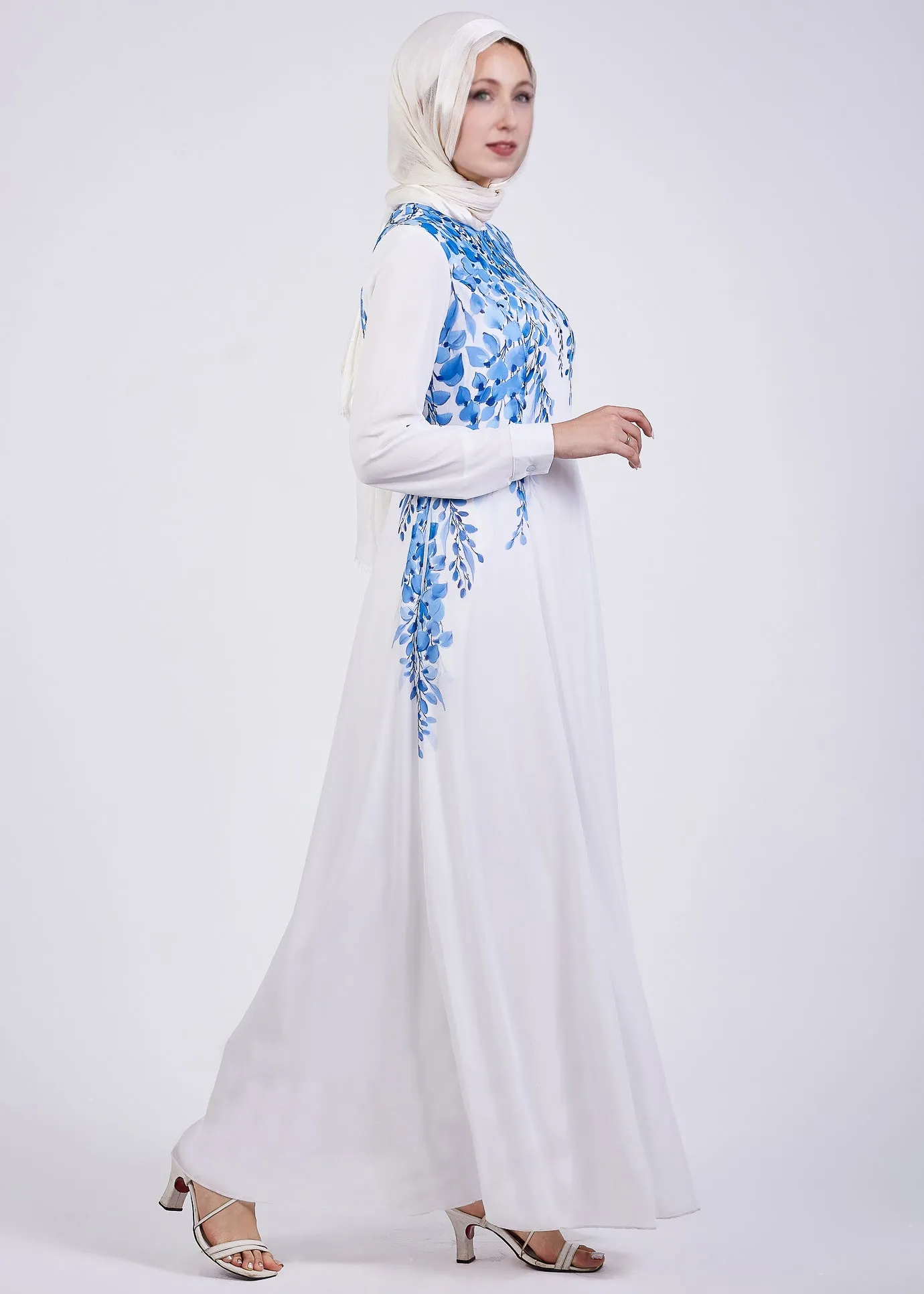 Inas Cascading Blue Blossom Chiffon Maxi Dress with Lining