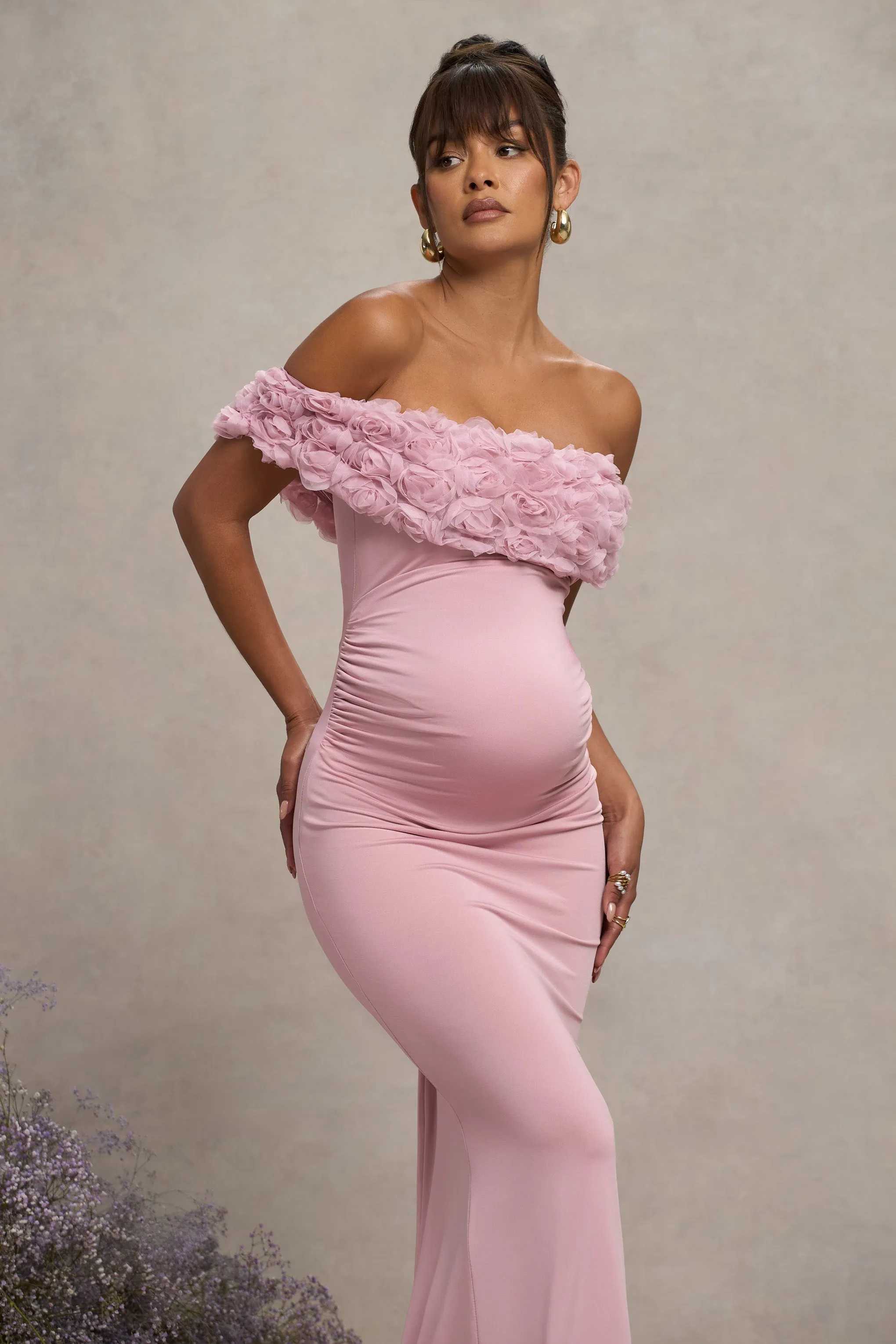 Inflorescence | Blush Pink Mesh Floral Bardot Maternity Maxi Dress