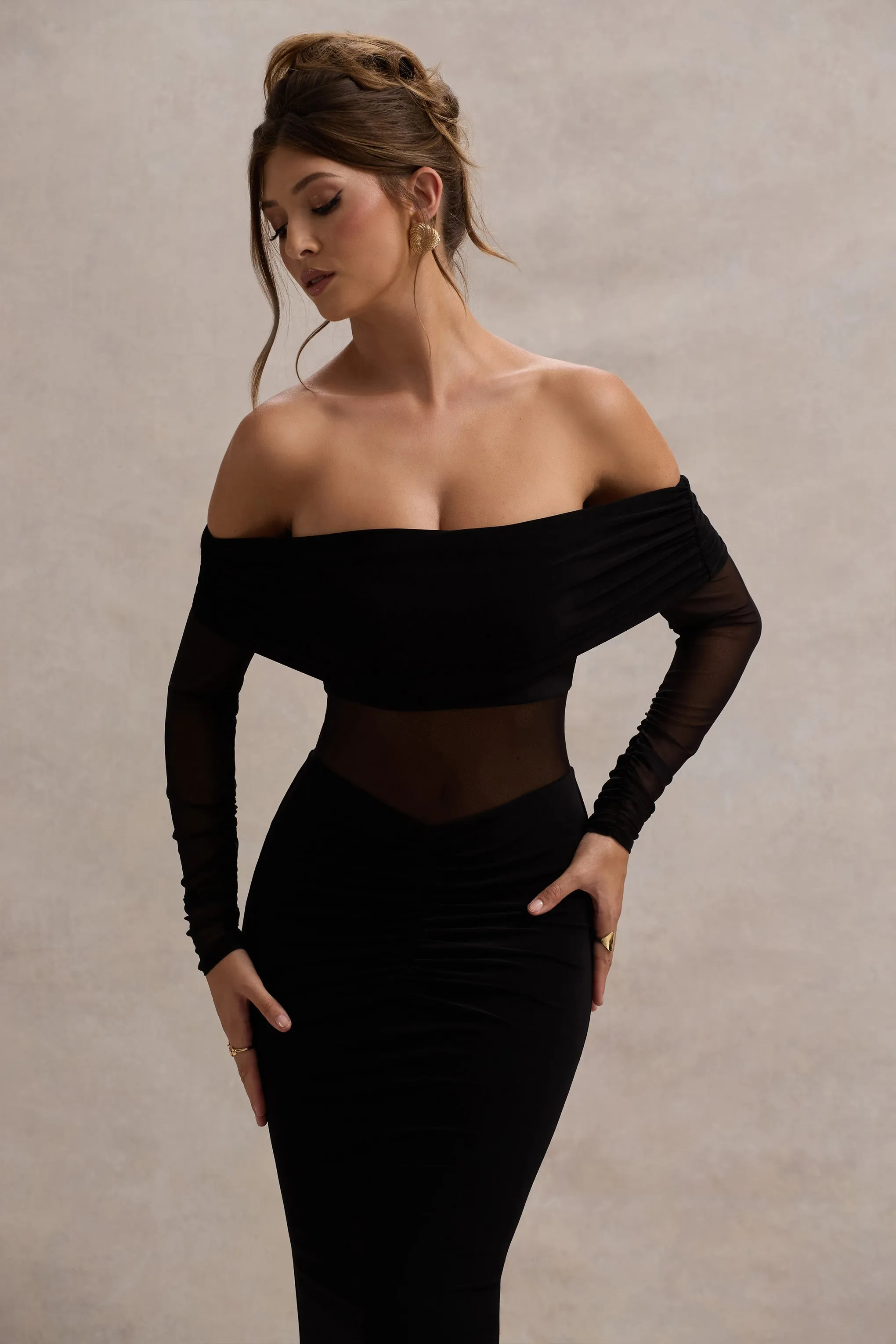 Ismeralda | Black Mesh Ruched Bardot Maxi Dress