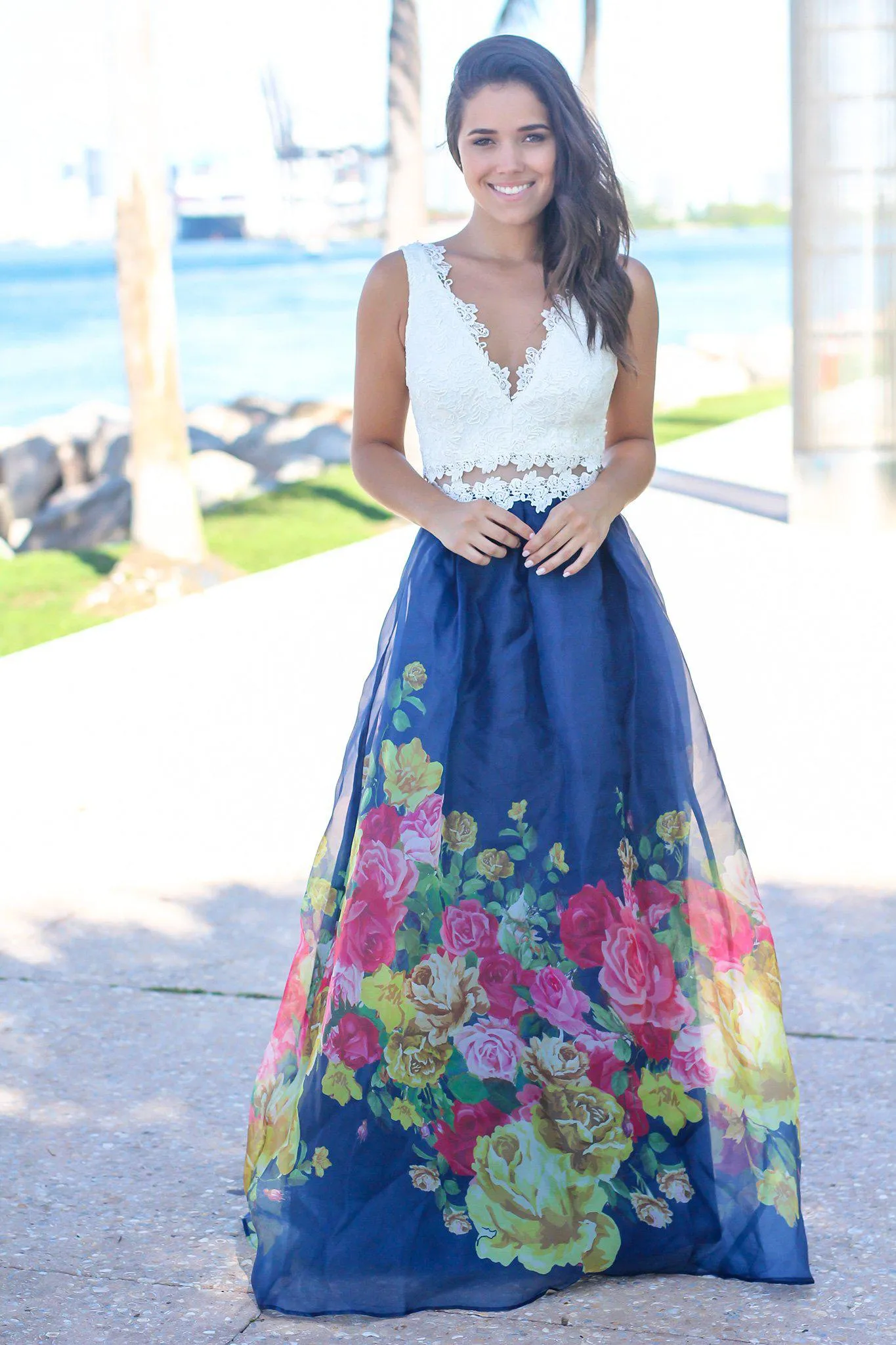 Ivory and Navy Floral Maxi Dress