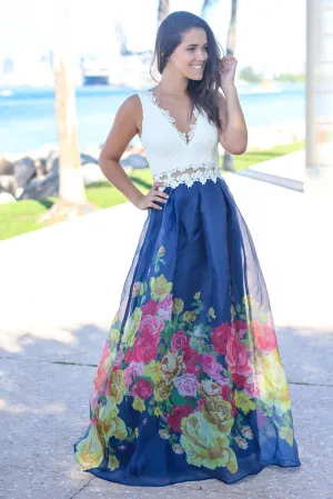 Ivory and Navy Floral Maxi Dress