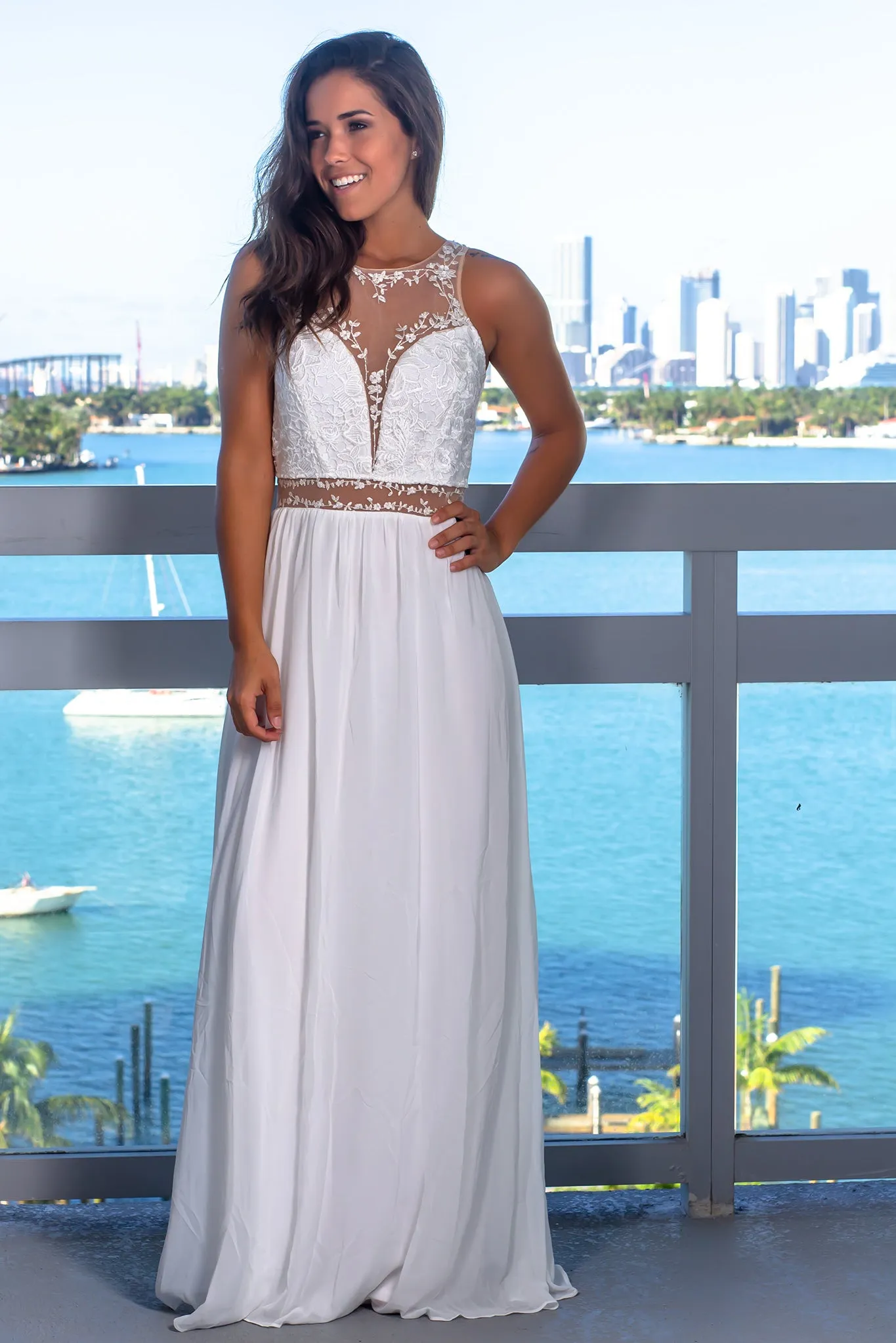 Ivory Mesh Top Maxi Dress with Embroidery