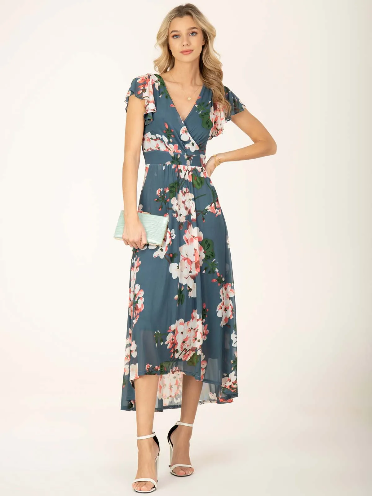 Jolie Moi Allura Mesh Maxi Dress, Teal Floral