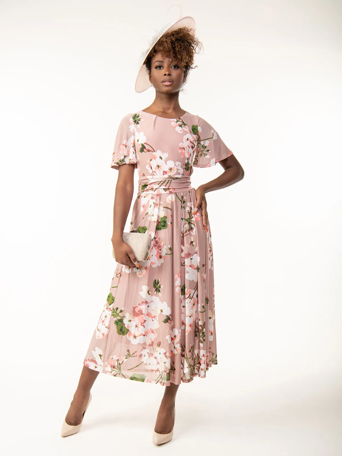 Julita Floral Mesh Midi Dress, Pink Floral