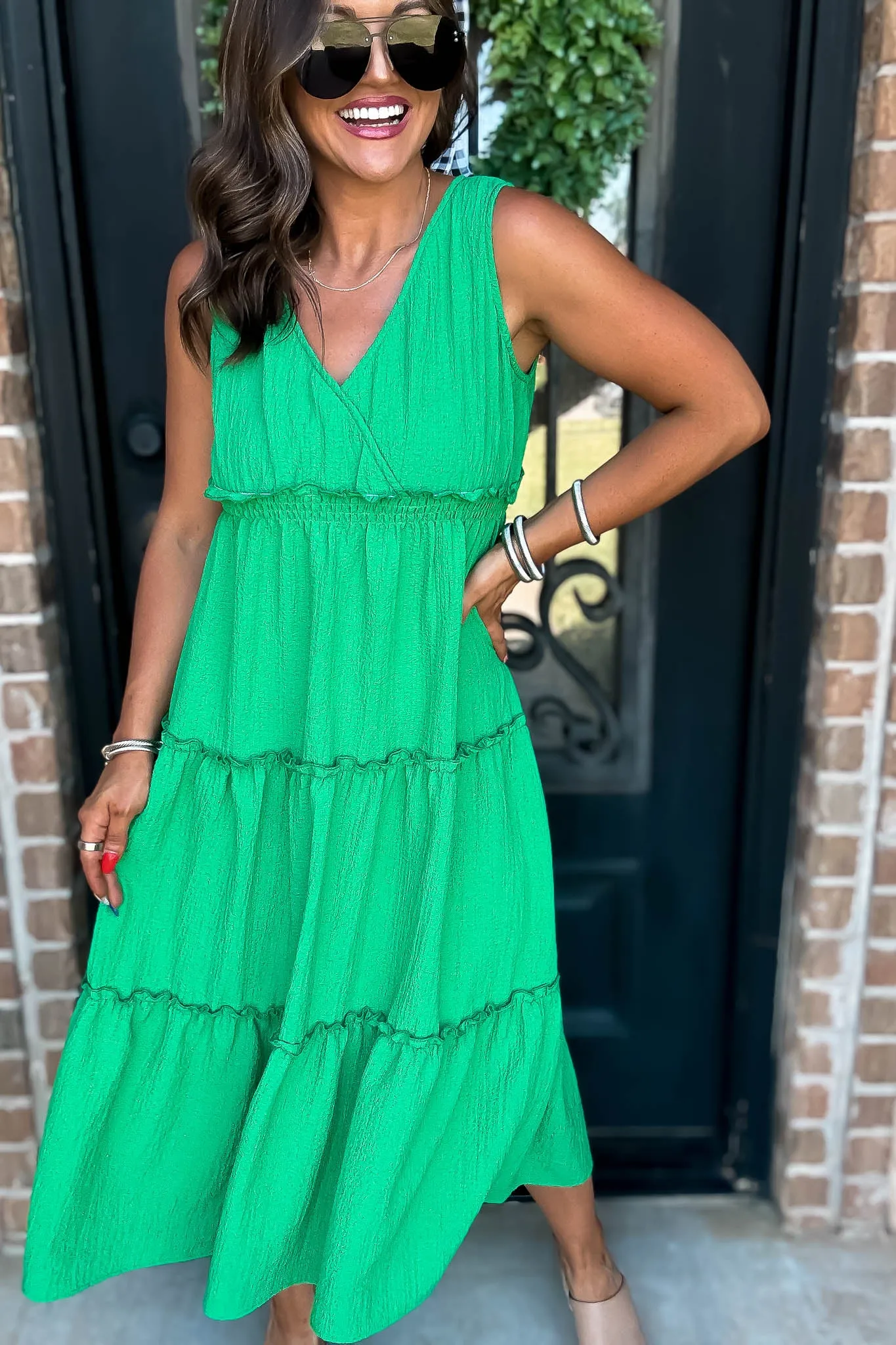 Kelly Green V-Neck Ruffled Tiered Maxi Dress