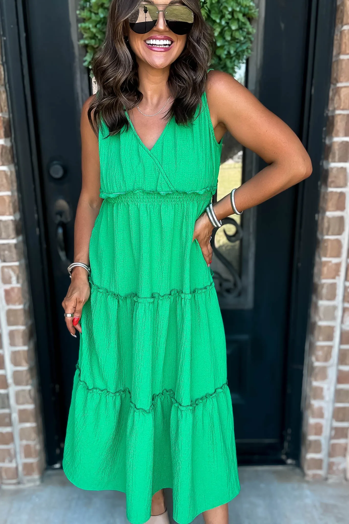 Kelly Green V-Neck Ruffled Tiered Maxi Dress