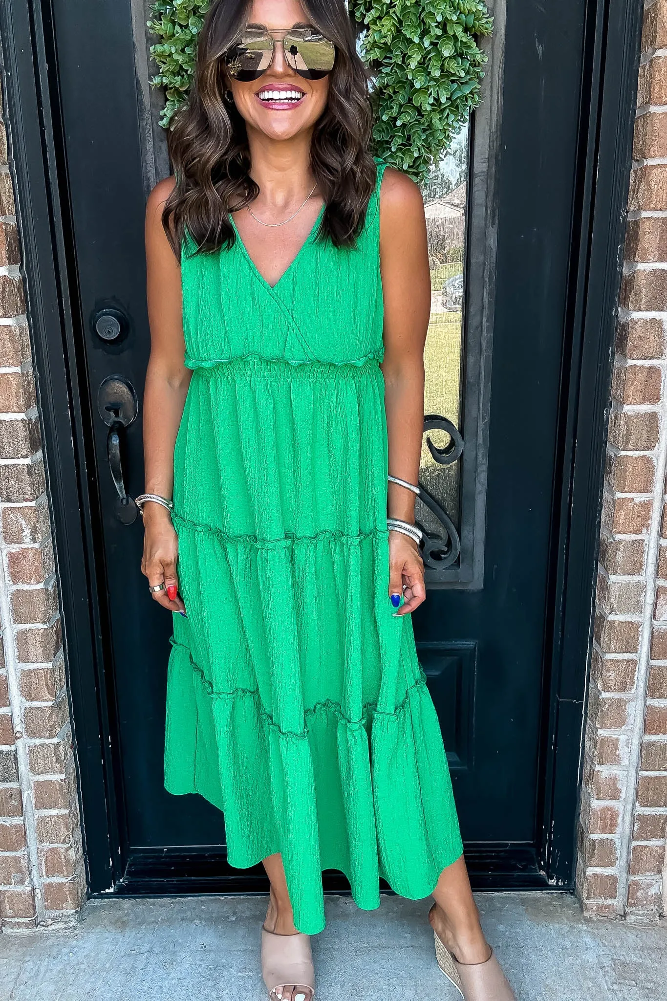 Kelly Green V-Neck Ruffled Tiered Maxi Dress