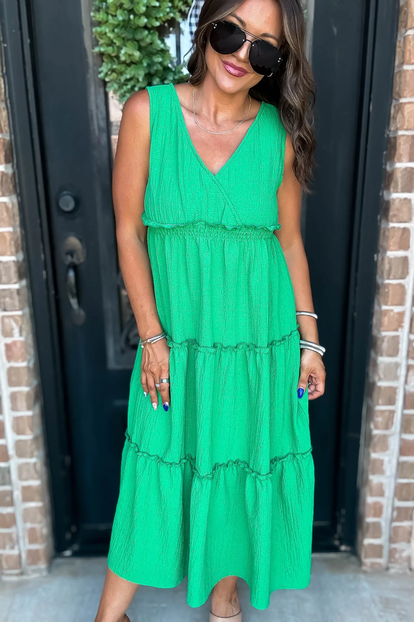 Kelly Green V-Neck Ruffled Tiered Maxi Dress