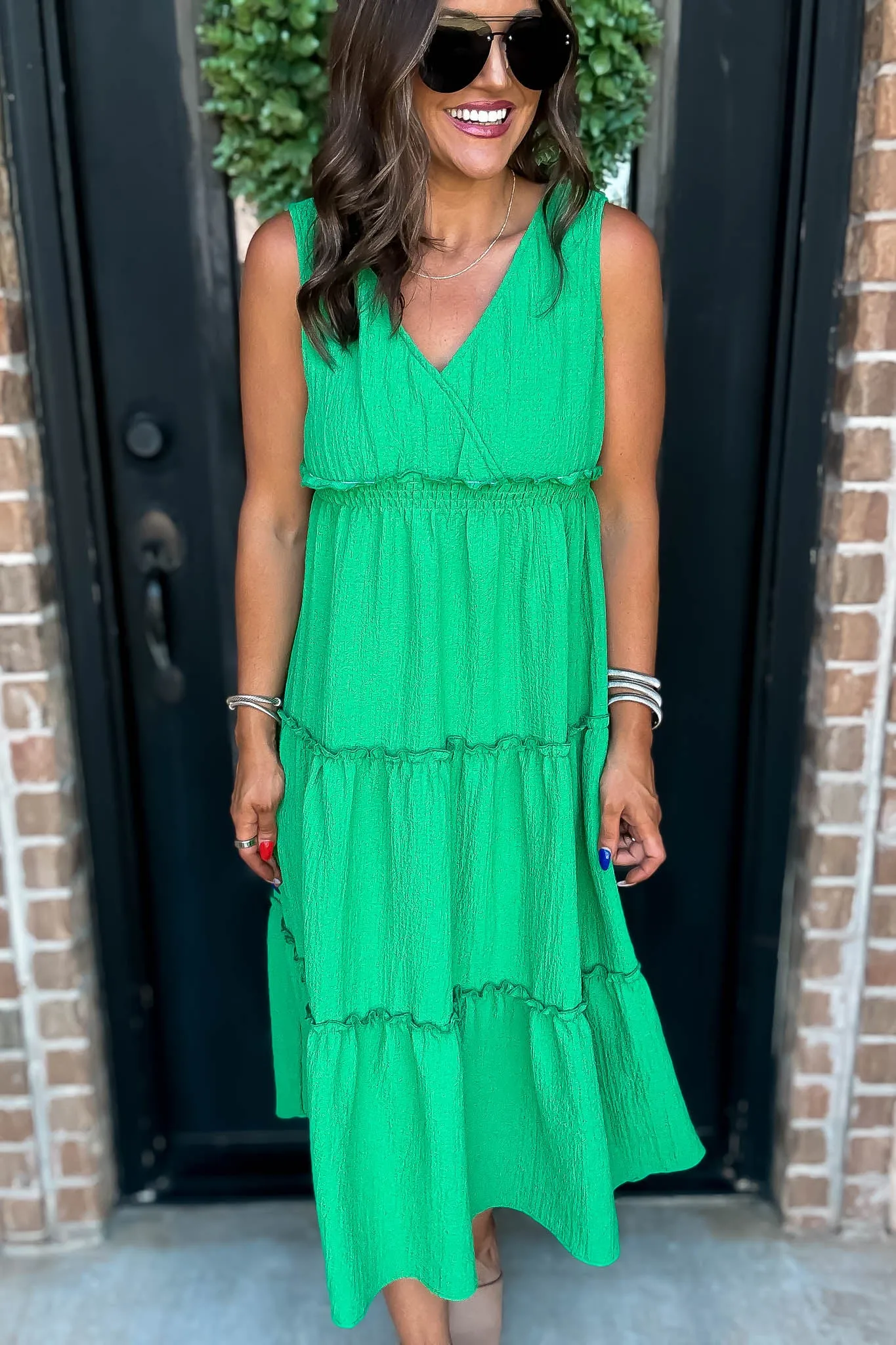 Kelly Green V-Neck Ruffled Tiered Maxi Dress