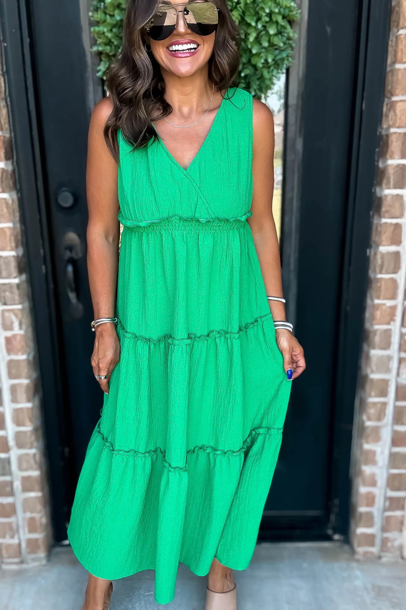 Kelly Green V-Neck Ruffled Tiered Maxi Dress